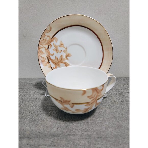 Dynasty Vintage Wide Mouth Tea Cup Saucer White Tan Gold Tea Time - Picture 2 of 10